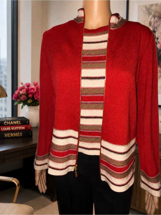 St. John Sport Sweaters - St. John Sport knit two-piece red with cream, taupe, and black striped trim Set